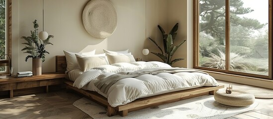 A modern, low-profile wooden bed frame with a smooth finish, paired with soft bedding and a contemporary, airy bedroom design featuring neutral tones.