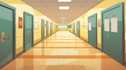 Cartoon empty corridor with doors, front view, color image, printable, no people, fantasy, game design, school, hospital, kindergarten, empty hallway, green doors, lamps, yellow walls, orange floor