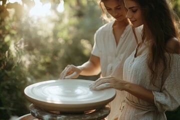 Two women collaborate on a pottery wheel, shaping clay into a beautiful piece outdoors in the sunlight.