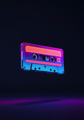 Obraz premium Retro cassette tape floating in a neon-lit environment with vibrant colors and futuristic aesthetics.