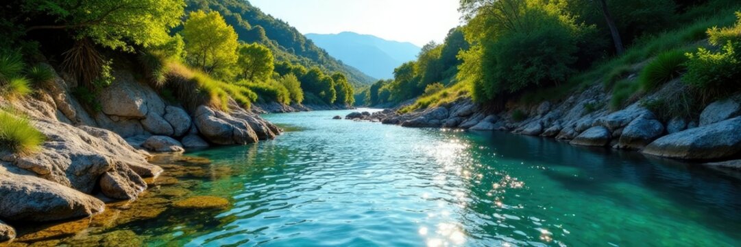 Acqua cristallina scorre nel fiume Pitrisconi in una giornata mesta, montagna, Sardegna, fiume