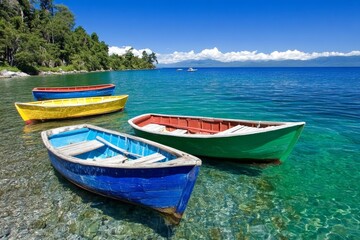 Naklejka premium A calm coastal bay with small wooden boats gently floating on the water