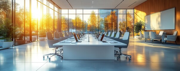 A modern office meeting room with a large glass window, a sleek white desk covered in laptops, documents, and team collaboration tools, light streaming in.