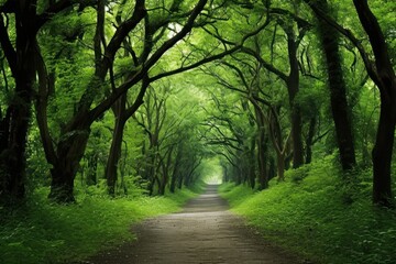 Fototapeta premium A forest path leading through big tall trees nature green outdoors.