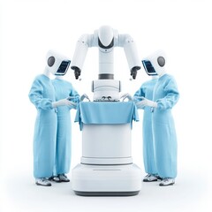 A futuristic scene featuring robotic equipment and medical professionals collaborating in a sterile environment.
