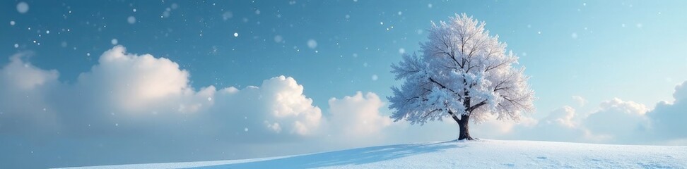 A white and black cloud formation drifting above a snowy tree, dreamy, snowflakes