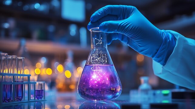 Scientist Holding Flask with Molecular Structure Overlay, A scientist's gloved hand holding a flask with purple liquid in a lab