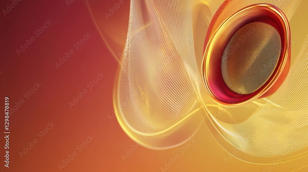 Poster 3D speakers emitting vibrant light waves in an artistic display of sound and color. Generative AI
