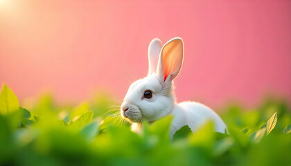 Obraz premium Peeking into Spring Floral Bunny Ears & Vibrant Greenery, Easter bunny banner, creating cheerful and whimsical scene, created with generative ai