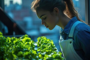 Young woman farmer inspecting fresh lettuce in a hydroponic garden.