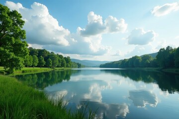 Fototapeta premium Cloudy sky above a quiet lake with lush greenery, nature