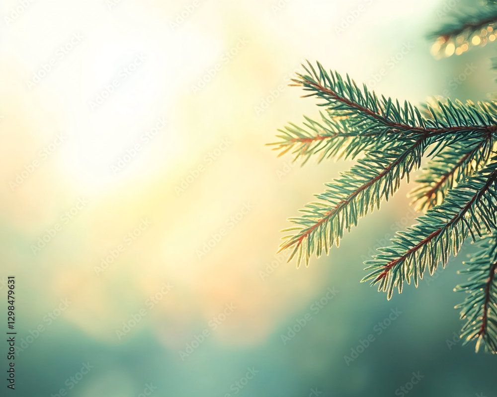 Aufkleber Close-up of a pine tree branch with soft sunlight shining through, creating a serene and peaceful atmosphere, symbolizing nature, tranquility, and freshness.
