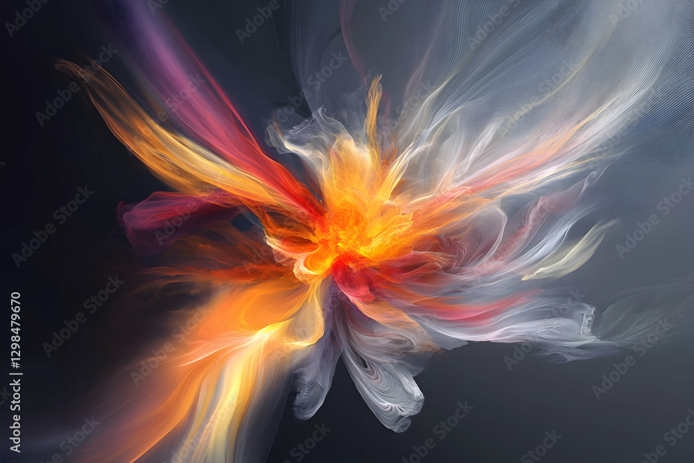 Poster an abstract digital painting of an explosion, with vibrant colors and fluid shapes creating dynamic 