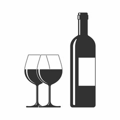 Bottle of wine and wine glasses graphic sign. Symbol of wine isolated on white background. Vector illustration