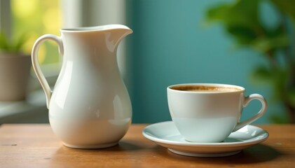 Fototapeta premium Colorful milk jug and cup of coffee on a wooden table, morning, still life