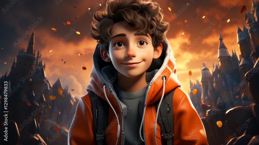 Poster youthful cartoon character in 3d render with adventurous background