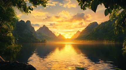 A serene lake surrounded by lush green mountains reflecting a golden sunset