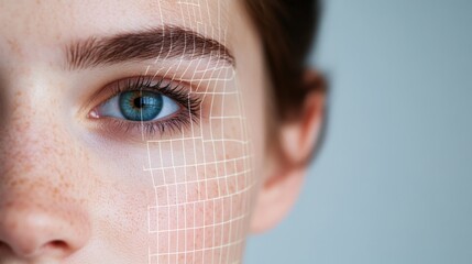woman's face with facial recognition grid overlay