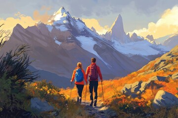 A couple hikes through a breathtaking mountain range, enjoying the autumnal scenery and majestic peaks.