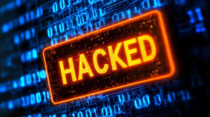 An illuminated sign reading hacked over digital computer code