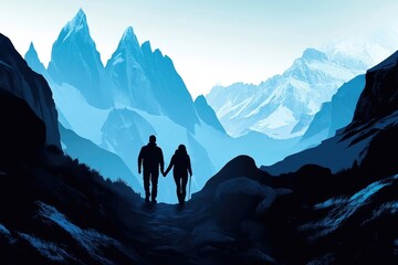 Fototapeta premium Silhouetted couple holding hands, trekking through a majestic, snow-capped mountain range.