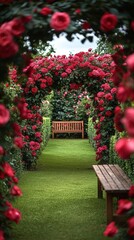 Obraz premium Rose Garden Path With Wooden Bench