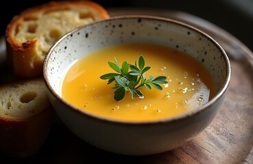 A bowl of French garlic soup made with chicken broth garlic and toasted bread.