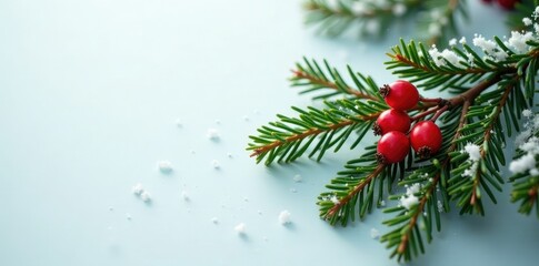 Evergreen branch with bright red berries against a snowy white background, Christmas ornaments, snowflakes