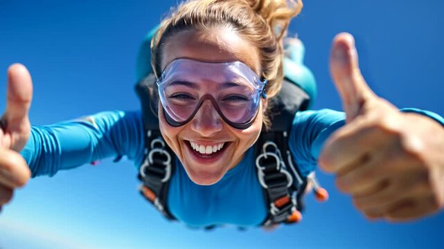 Femme souriante faisant un saut en parachute avec pouces en l'air