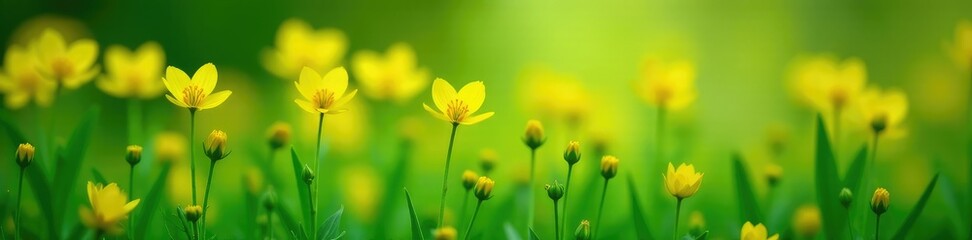 Fototapeta premium Green stems with yellow flowers blooming upwards, stems, blossoms, nature