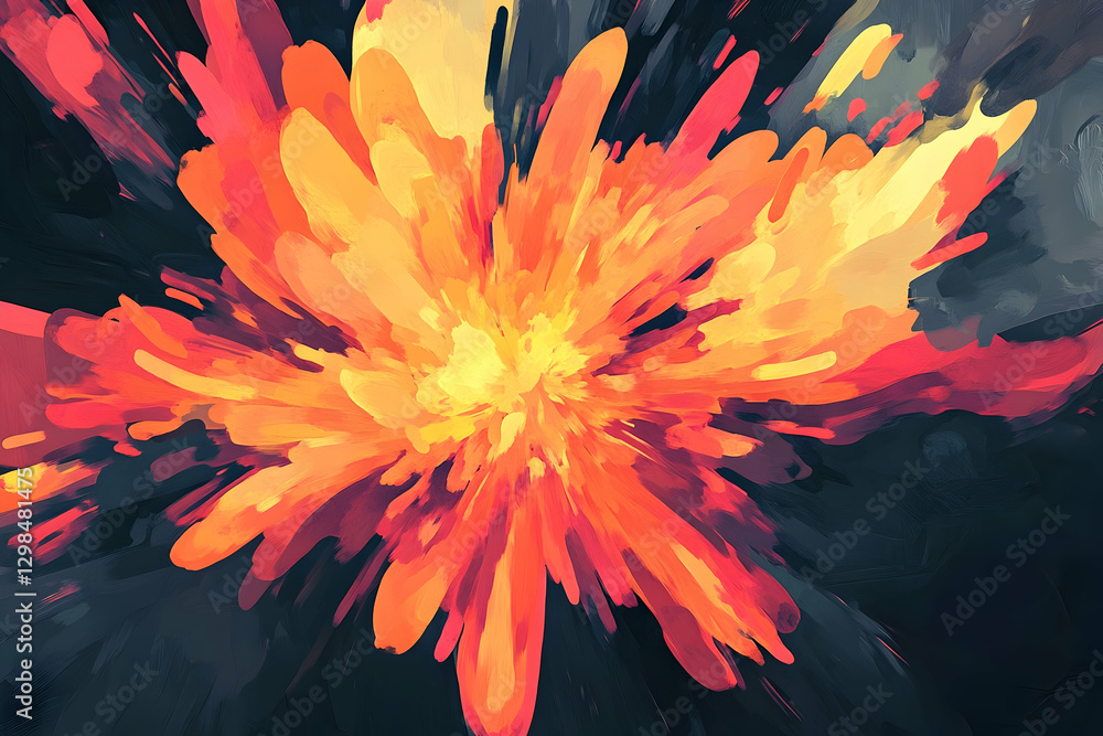 Poster an abstract digital painting of an explosion, with vibrant colors and fluid shapes creating dynamic 