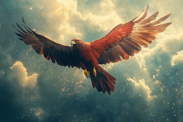 Obraz premium Majestic Hawk Soars Through Dramatic Clouds During the Golden Hour Over a Stunning Landscape