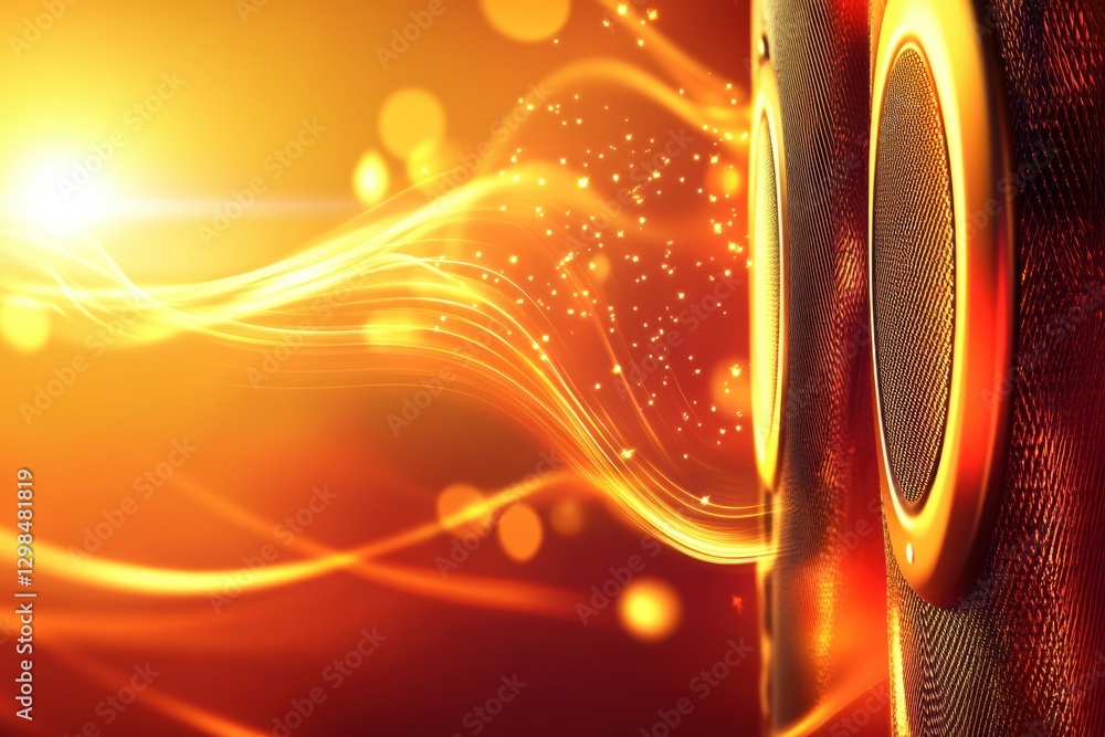 Poster 3D speakers emitting vibrant light waves in an energetic atmosphere of sound and movement. Generative AI
