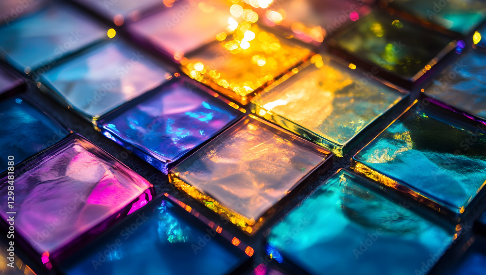 Poster close-up of iridescent glass tiles in various colors, reflecting sunlight and creating a dazzling pa