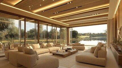 Luxurious living room, floor-to-ceiling windows, panoramic nature view, modern interior design, warm lighting, comfortable beige sofas, wooden ceiling beams, minimalist decor, serene atmosphere