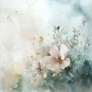 Watercolor background with delicate pastel flowers and soft ink splashes, creating an ethereal atmosphere