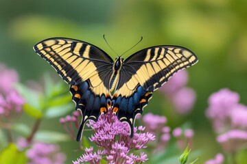Yellow butterfly on pink flower.