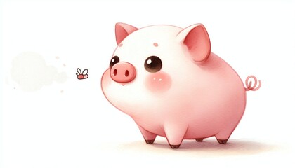 Minimalist watercolor illustration of Cute cartoon pig