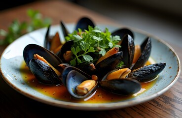 A plate of moules marinières mussels in white wine garlic and herbs.