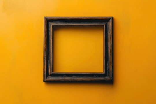 A square wooden picture frame hangs on a yellow background
