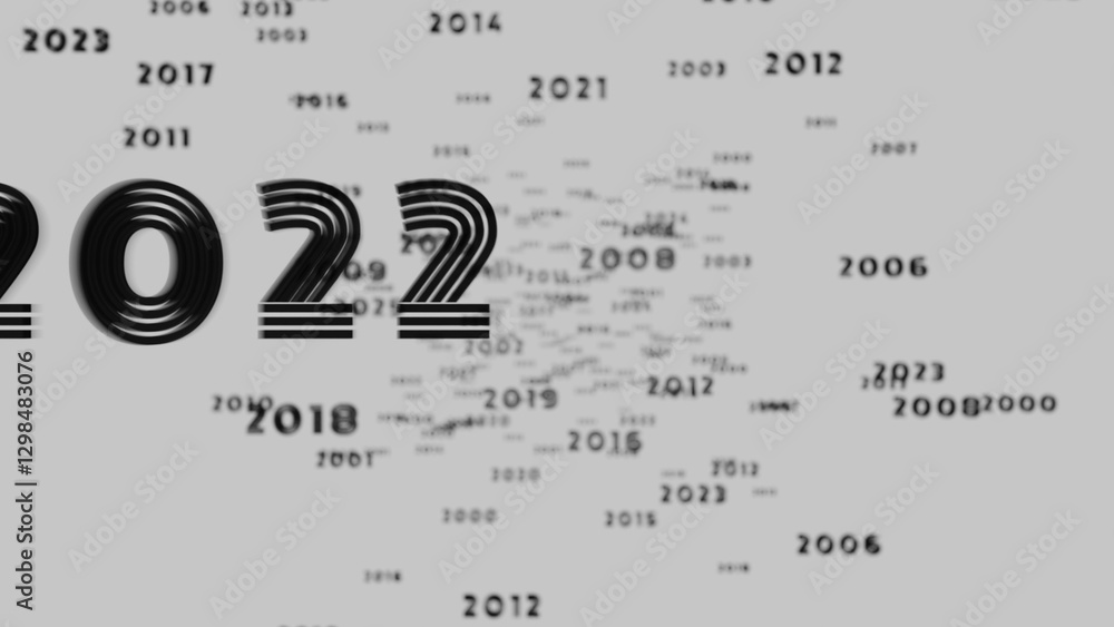 Poster Abstract floating typography with distorted months and 2025, creating a futuristic motion blur effect..