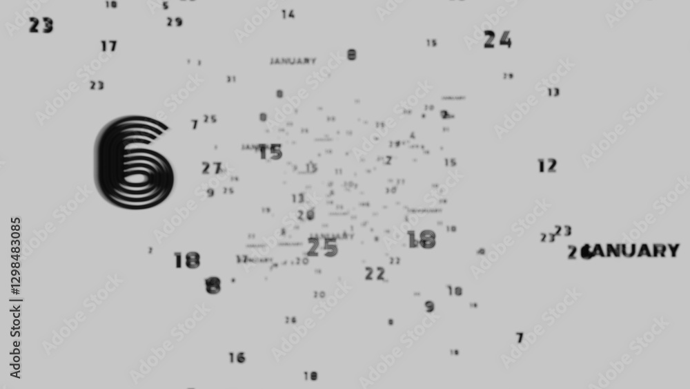 Aufkleber Abstract floating typography with distorted months and 2025, creating a futuristic motion blur effect..