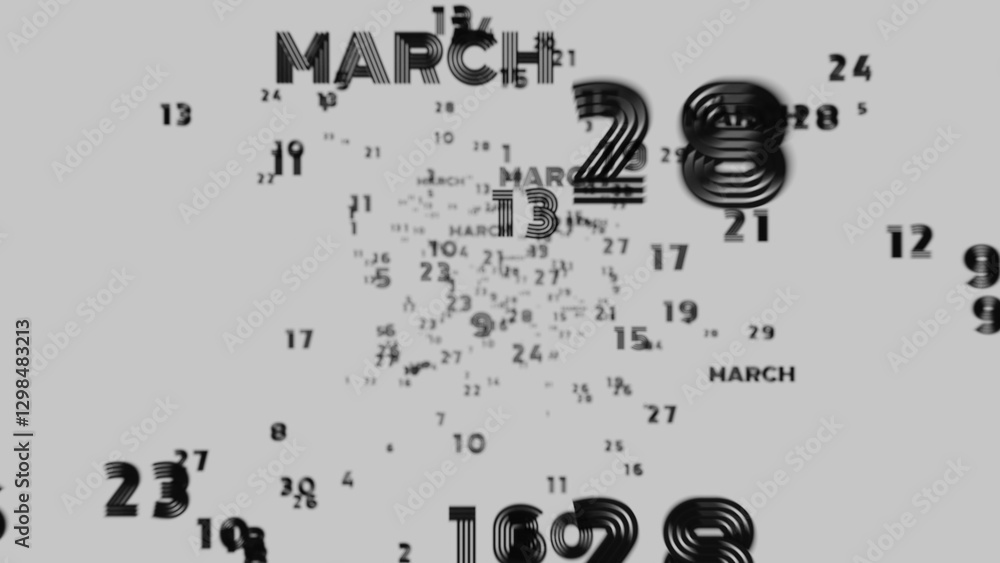Aufkleber Abstract floating typography with distorted months and 2025, creating a futuristic motion blur effect..
