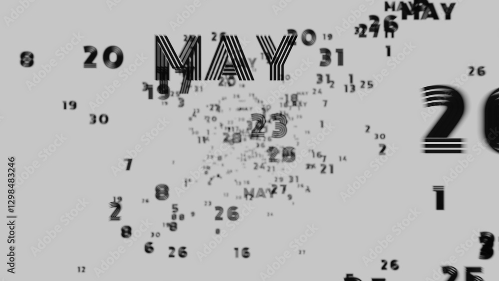 Poster Abstract floating typography with distorted months and 2025, creating a futuristic motion blur effect..