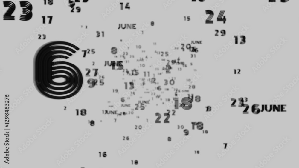 Poster Abstract floating typography with distorted months and 2025, creating a futuristic motion blur effect..