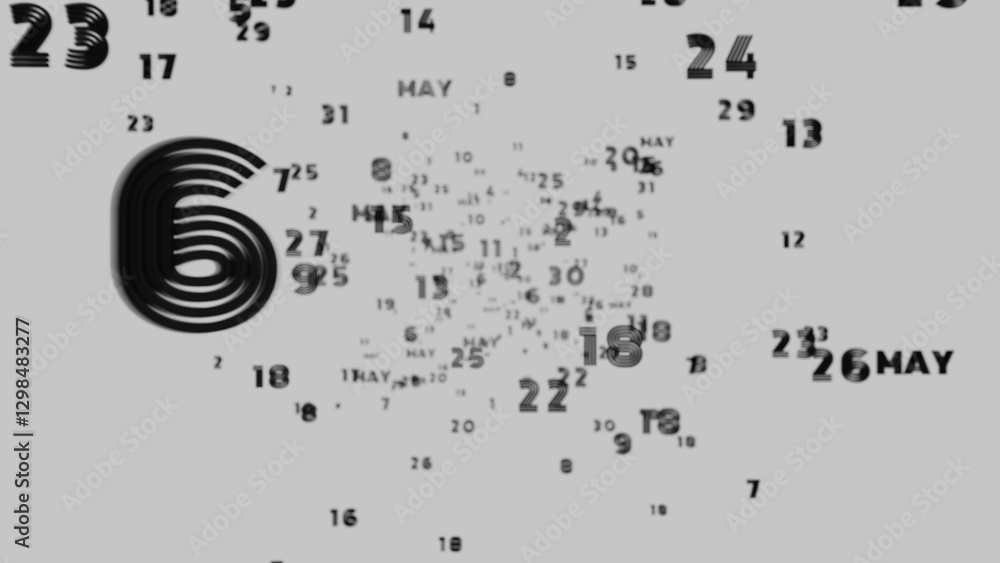 Poster Abstract floating typography with distorted months and 2025, creating a futuristic motion blur effect..