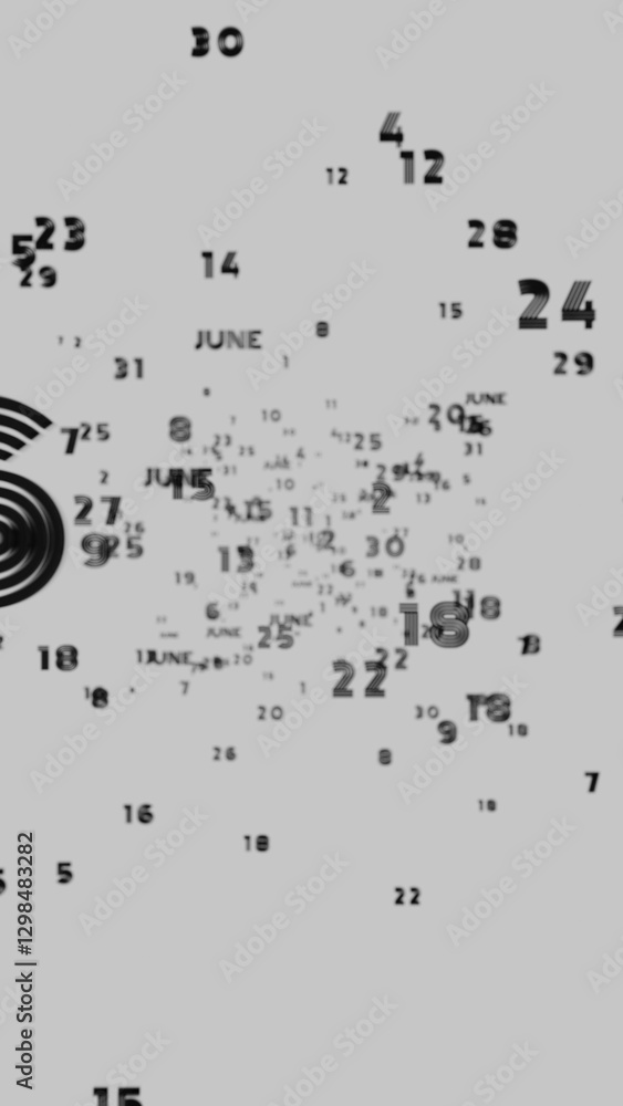 Aufkleber Abstract floating typography with distorted months and 2025, creating a futuristic motion blur effect..