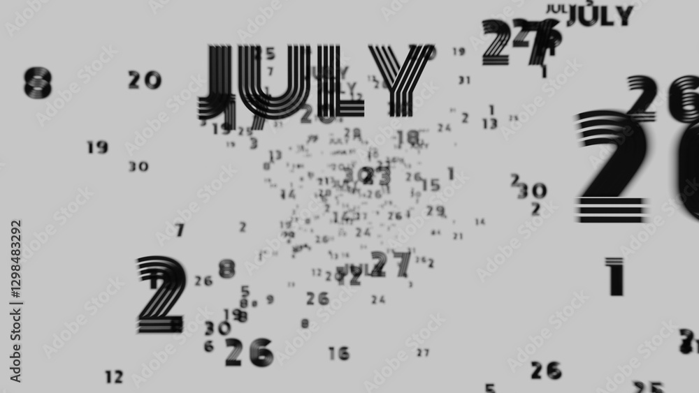 Poster Abstract floating typography with distorted months and 2025, creating a futuristic motion blur effect..
