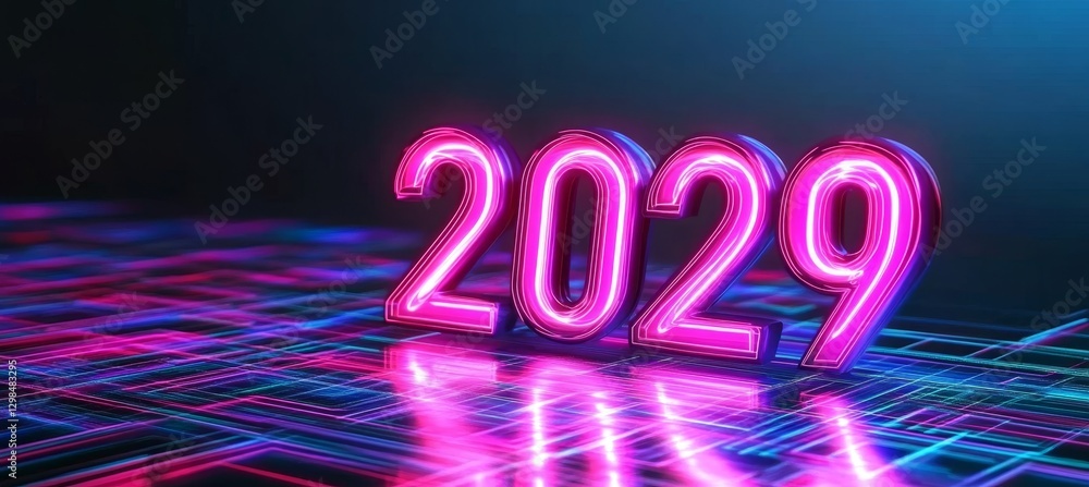Poster neon pink 2029 number on a futuristic circuit board with glowing lines and reflections