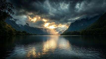 A serene lake under dramatic storm clouds with a single ray sunlight breaking through